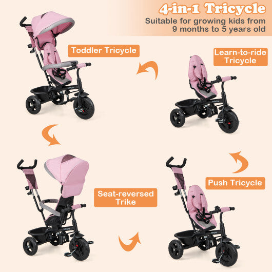 4-in-1 Baby Trike Kids Tricycle with Removable Canopy and Adjustable Push Handle-Pink - Color: Pink