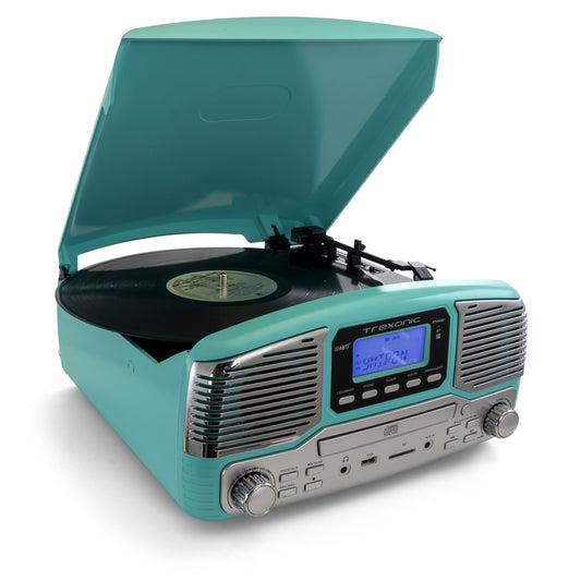 shied Trexonic Retro Wireless Bluetooth, Record and CD Player in Turquoise
