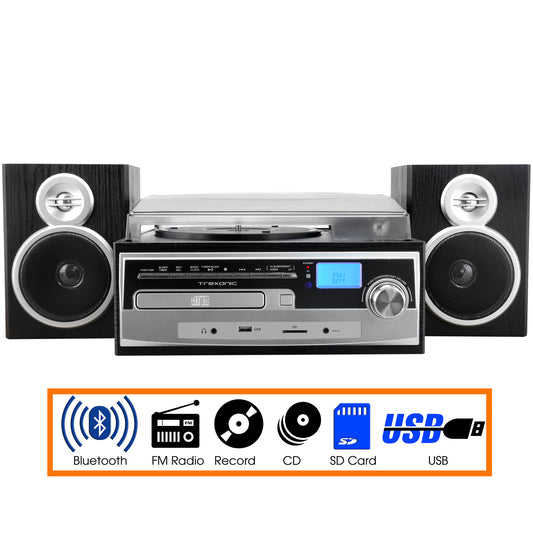 Trexonic 3-Speed Vinyl Turntable Home Stereo System with CD Player, FM Radio, Bluetooth, USB/SD Recording and Wired Shelf Speakers