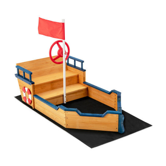 Kids Pirate Boat Wooden Sandbox Children Outdoor Playset