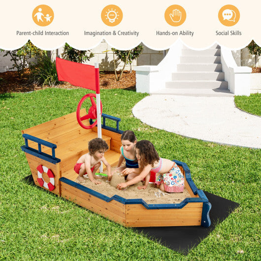 Kids Pirate Boat Wooden Sandbox Children Outdoor Playset - Color: Natural