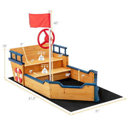 Kids Pirate Boat Wooden Sandbox Children Outdoor Playset - Color: Natural