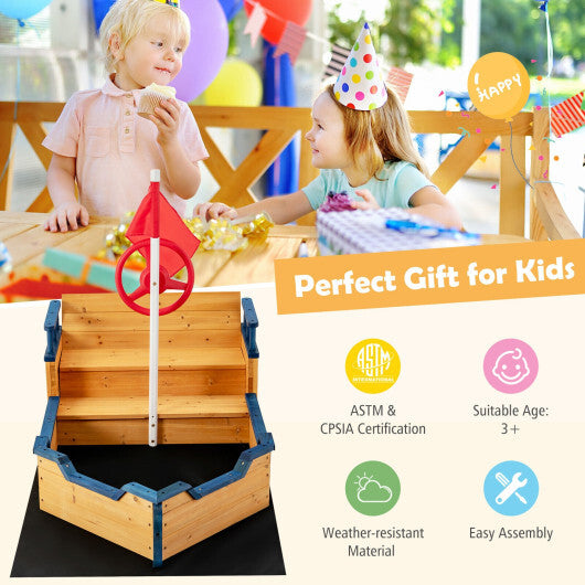 Kids Pirate Boat Wooden Sandbox Children Outdoor Playset - Color: Natural