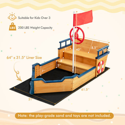 Kids Pirate Boat Wooden Sandbox Children Outdoor Playset