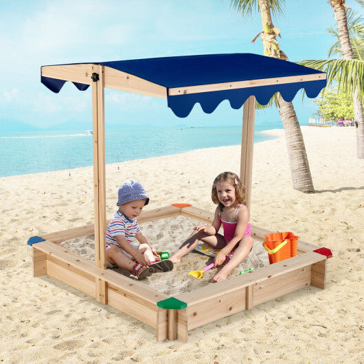 Kids Wooden Sandbox with Height Adjustable and Rotatable Canopy Outdoor Playset