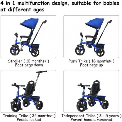 4-in-1 Kids Tricycle with Adjustable Push Handle-Blue - Color: Blue