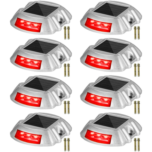 Vevor Driveway Lights, 8-Pack Solar Driveway Lights with Switch Button, Solar Deck Lights Waterproof, Wireless Dock Lights 6 LEDs for Path Warning Garden Walkway Sidewalk Steps, LED Bright Red