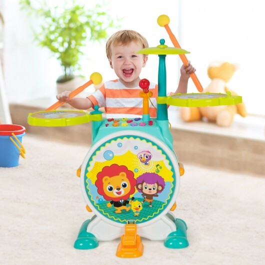 3 Pieces Electric Kids Drum Set with Microphone Stool Pedal