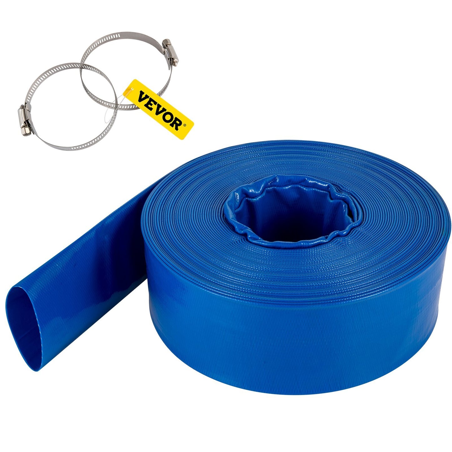 VEVOR Discharge Hose, 3" x 105', PVC Lay Flat Hose, Heavy Duty Backwash Drain Hose with Clamps, Weather-proof & Burst-proof, Ideal for Swimming Pool & Water Transfer, Blue